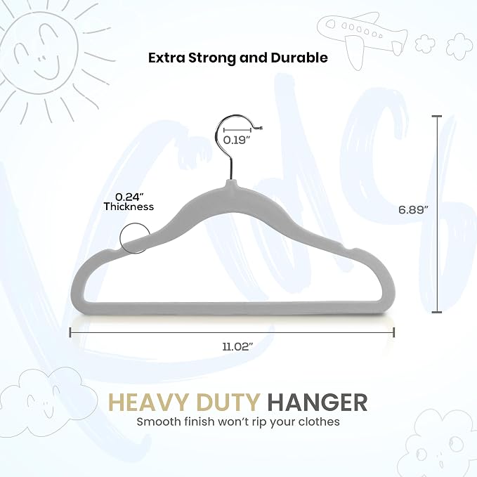 Utopia Home Kids Velvet Hanger 50 Pack – 11" Premium Baby Hangers - Grey | Premium Non-Slip Baby Hangers for Baby and Toddlers, Durable Ultra-Slim Space-Saving Closet Organizers