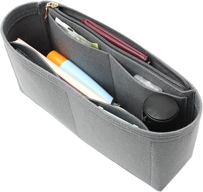 Surblue Purse Organizer Insert for Handbags, Felt Bag Organizer with Zippers Handbag Shaper Pouch for Classic 19 Flap Bag, Marmont, Onthego,（Grey, Slender M）