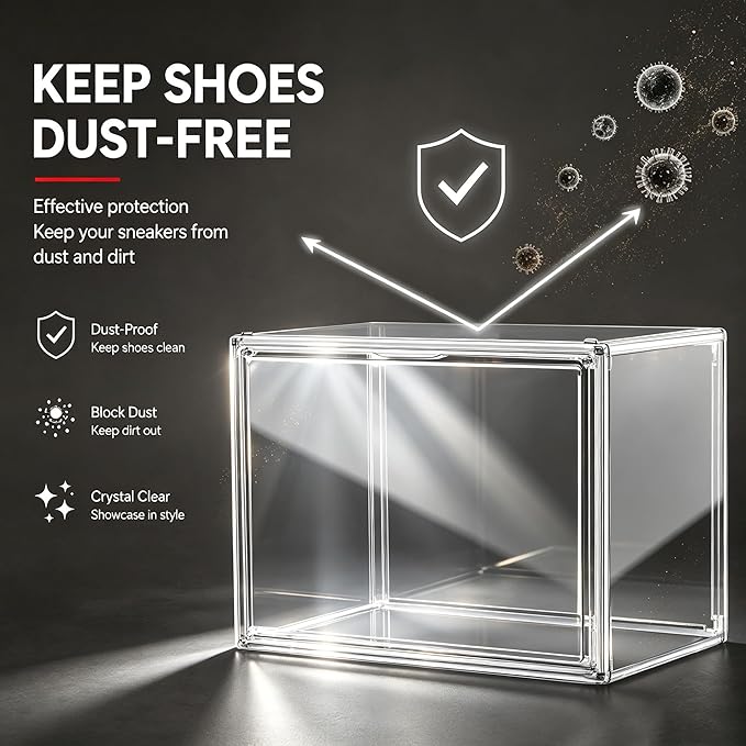 10 Pack Clear High-Top Sneaker Storage Box, Acrylic Shoe Organizer | Extra height 10.6'' for high-top sneakers & athletic footwear Size 11. Stackable display design keeps collections organized