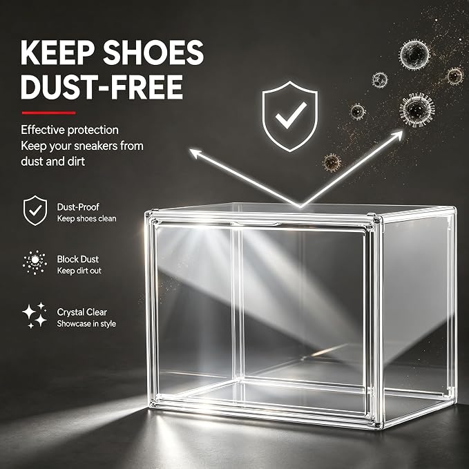 12 Pack Clear High-Top Sneaker Storage Boxes, Acrylic Shoe Organizer | Extra height 10.6'' for high-top sneakers & athletic footwear Size 11.Stackable display design keeps collections organized