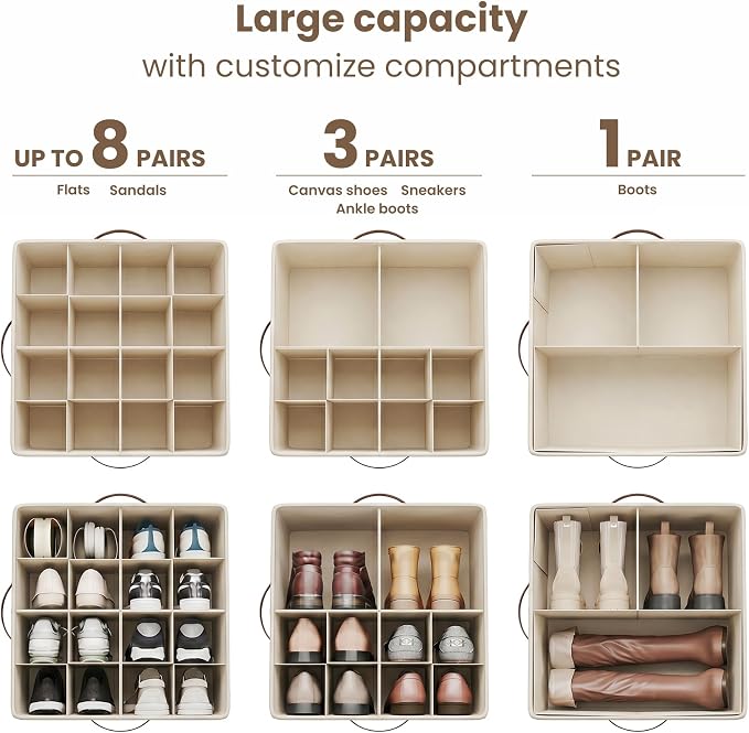 Varhomax Shoe Organizer Box for Closet, Fabric Shoe Storage Bin with Adjustable Dividers & Clear Cover, Holds up 16-32 Pairs of Sneakers & Sandals for Entryway, Cubby