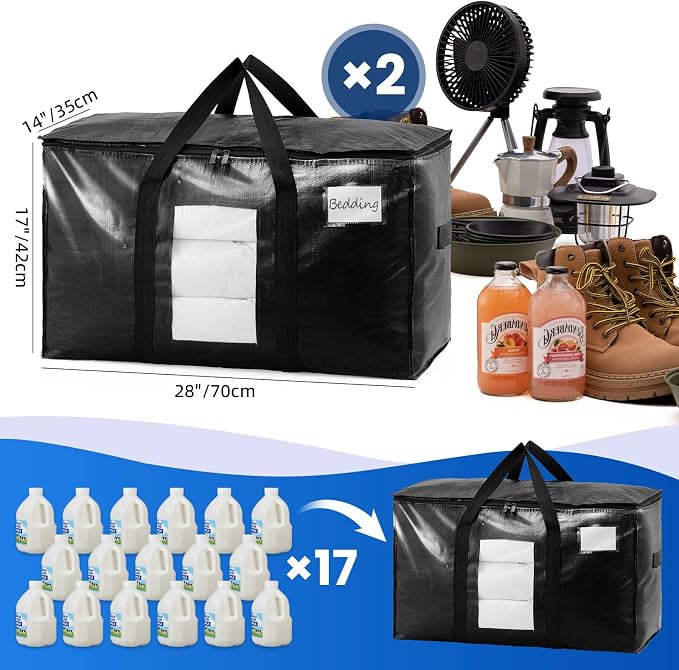 TAILI Extra Large Moving Bags, 2 Pack Black Heavy Duty Totes For Storage with Visible Window, Wrap Around Handles, Storage Bags for Space Saving, Alternative to Moving Boxes