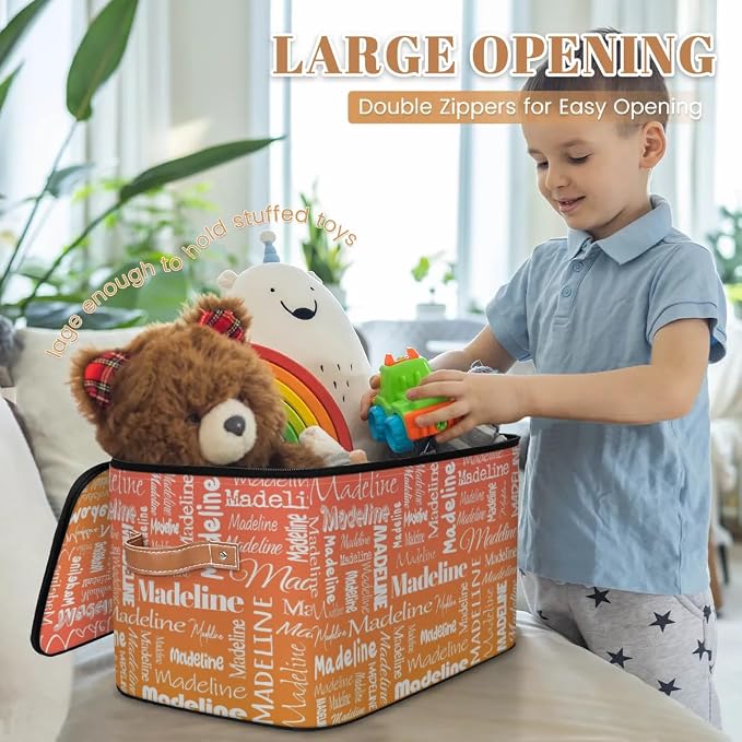 Custom Storage Basket with Name, Personalized Keepsake Box with Zipper Lid, Foldable Fabric Memory Bin Large capacity with Handle Orange