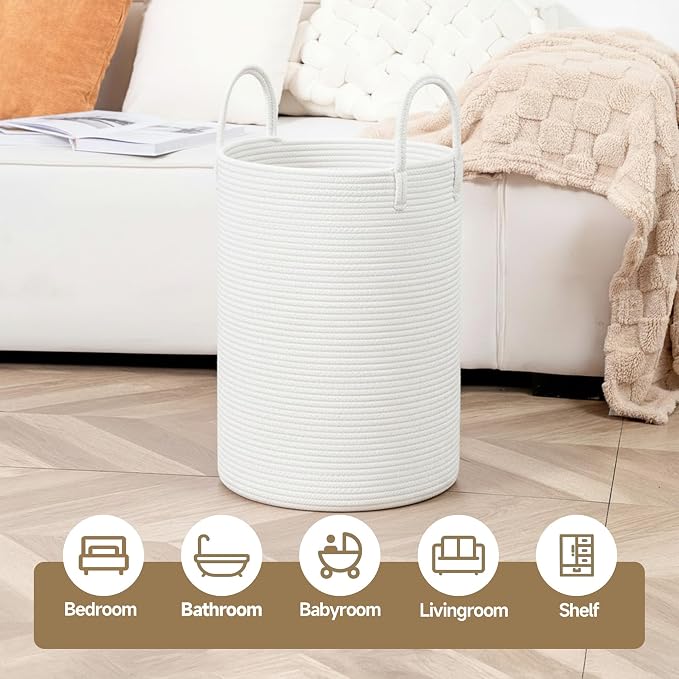 CLHMILY&Z Laundry Hamper Round Storage Rope Basket (White, 60L)