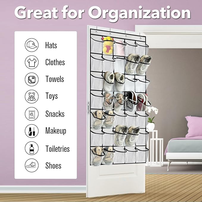 homyfort 35 Large Pocket Over the Door Shoe Organizer, Extra Sturdy Oxford Fabric Hanging Shoe Rack for Door Closet, Wall Mesh Shoe Storage Holder for Mens Women Shoes (White)