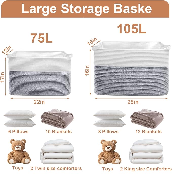 105L XXXL Large Blanket Basket, Rectangular Cotton Rope Basket, Laundry Hamper for Blankets, Pillows, Extra Large Toys Storage Bins for Kids, Dogs 25" x 16" x 16", White & Gray