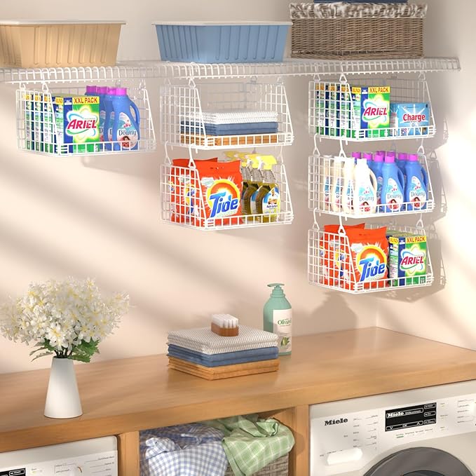 PUPPYCUTE 3-Pack Laundry Room Organization and Storage, Hanging Wire Basket for Laundry with 360°Rotating Hooks, Over Washer and Dryer Shelves, Laundry Organizers and Storage Basket, White