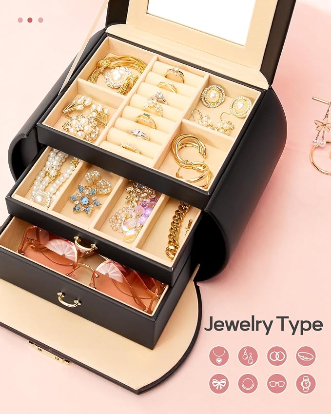 Homde Girls Jewelry Box Jewelry Storage Case Organizer with Mirror for Rings, Earrings, Bracelets, Necklaces (Black + Gold)