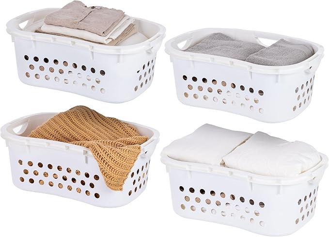 IRIS USA 51L Plastic Hip Hold Laundry Basket with Built-In Comfort Carry Handles, 4- Pack, 1.5 Bushel, Clothes Hamper, Laundry Hamper, Ventilation Holes, for Closet Dorm Laundry Room Bedroom, White
