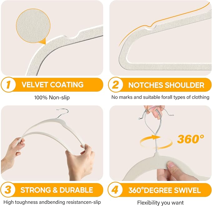 HealSmart Heavy Duty Velvet Hangers 50 Pack, Non-Slip Clothes Hangers with Shoulder Notches, 360° Swivel Hooks, Coat Suit Hangers for Closet Space Saving, White