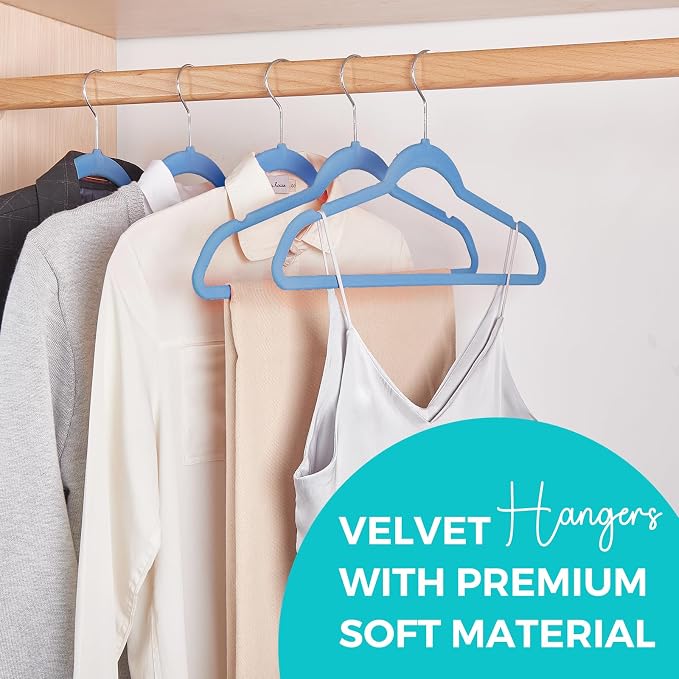 HOUSE DAY Premium Velvet Hangers 50 Pack Blue, Non-Slip Flocked Felt Hangers, Sturdy Clothes Hanger with 360° Rotatable Hook, Heavy Duty Durable Slim Coat Hanger for Closet Space Saving