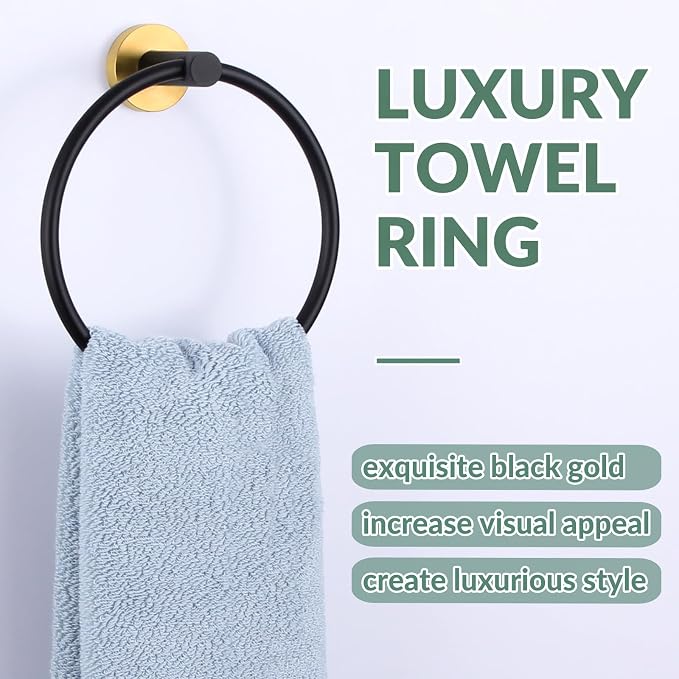 APLusee Black Gold Towel Ring for Bathroom Wall, Stainless Steel Hand Towel Holder, Wall Mounted