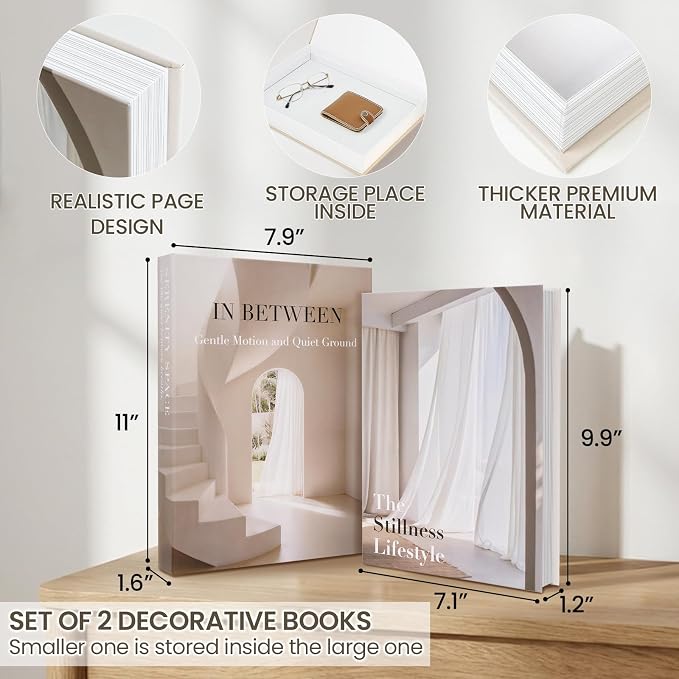 Decorative Books for Neutral Home, Fake Books Storage Boxes for Decoration | Set of 2 Coffee Table Books with Hidden Storage, Stackable Photo Storage Keepsake Box for Living Room Bookshelf Decor, Beige