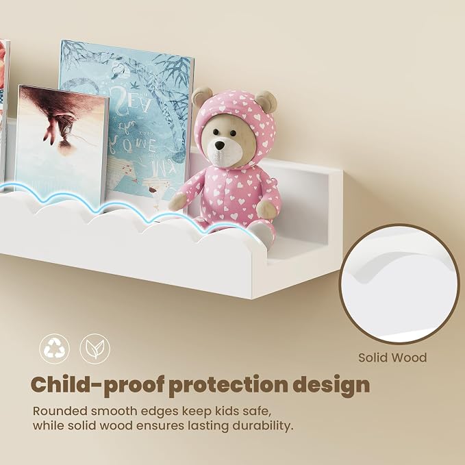 4-Pack Scalloped Shelves, Nursery Shelves for Wall, Floating Nursery Book Shelves for Kids, White