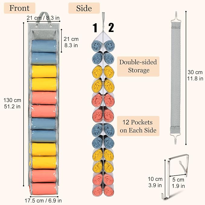 Lirex Scarf Storage Organizer with 24 Pockets, Yoga Legging Storage Organizer for Family Closet Bedroom, Light Grey