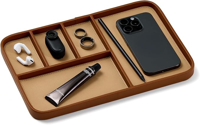 Nordik Leather Valet Tray - Sand Brown - 11.8x7.9 Inch Large Vegan Leather Tray - Stylish Nightstand Organizer for Men - Modern Bedside Caddy - EDC Catchall for Key Watch Wallet Jewellery