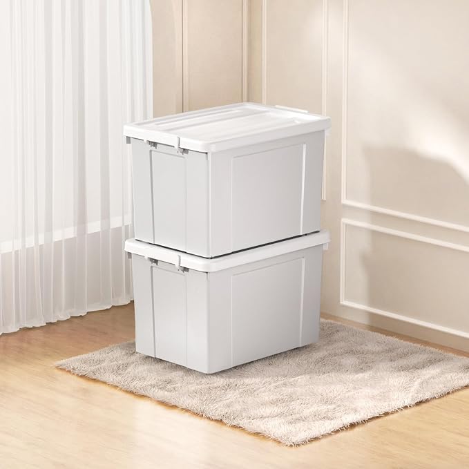 Cetomo Lidded Storage Bin with Handle, Tote Organizing Container with Wheels, Lid and Secure Latching Buckles, Stackable and Nestable, Plastic, 95 Quart-4 Pack, Gray