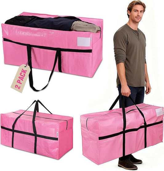 WORKPRO 2-Pack 66 Gallon Extra Large Moving Bags with Zippers & Carry Handles, Heavy-Duty Storage Totes for Moving, Dorm Move-In, Travel & Space-Saving Organization, Pink