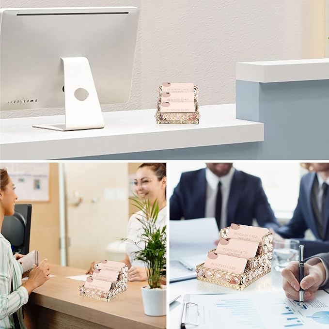 Hipiwe Crystal Business Card Holder - 3 Tiers Gold Mirrored Name Card Display Stand Desktop Business Card Storage Organizer for Office Desk, Holds 120 Business Cards