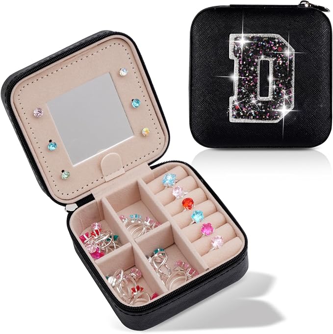 Uygafly Personalized Jewelry Case for Women Girls - Fashion Mini Jewelry Boxes - Trendy Travel Jewelry Organizer with Initials Letter - Teen Gifts | Black,D