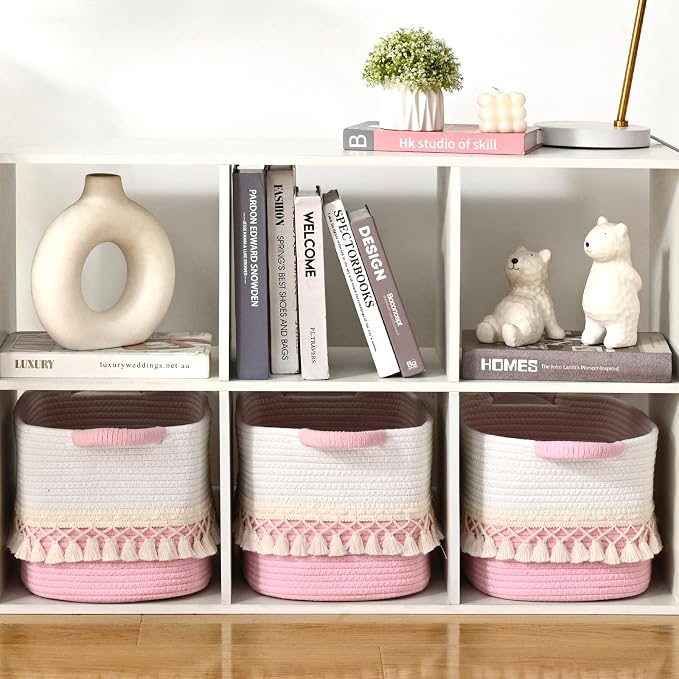2 Pack Storage Basket for Shelves, Boho Cotton Rope Storage Bins with Heavy Tassel, Shelf Baskets Large Woven Baskets for Organizing, Cube Organizer Bins, Baby Laundry Basket for Clothes, Toys, Pets