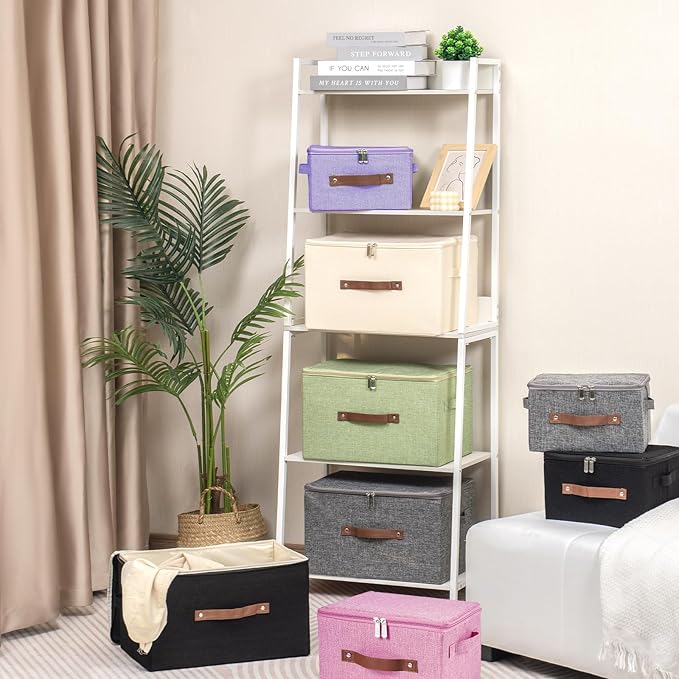 Storage Bins with Zipper Lid Foldable Fabric Lidded Storage Boxes Baskets Cubes Washable Collapsible PU Leather Handle Cotton Linen Shelves Closet Organizer Container(Pink, Large Size)