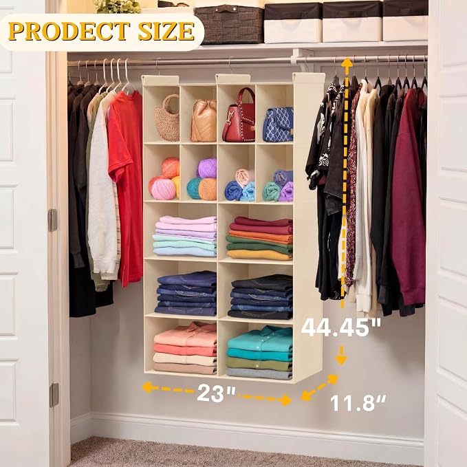 5 Tier Hanging Closet Organizer, 14 Compartments Dual Row Storage, Beige | Closet Organizers and Storage with Large & Small Cubbies, 3 Sturdy Hooks Support Heavy Loads, Ideal for Dorm, Garment Rack