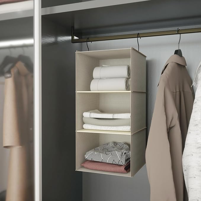 Hanging Closet Organizer 3-Tier, Oxford Wardrobe Storage, Beige Houndstooth | Easy-mount foldable design holds clothes, handbags, shoes & accessories; washable Oxford fabric, sturdy and space-saving.