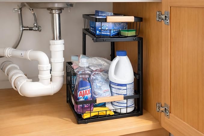 Adjustable Under Sink Organizer, 2-Tier Heavy Duty Metal Storage Rack for Kitchen & Bathroom