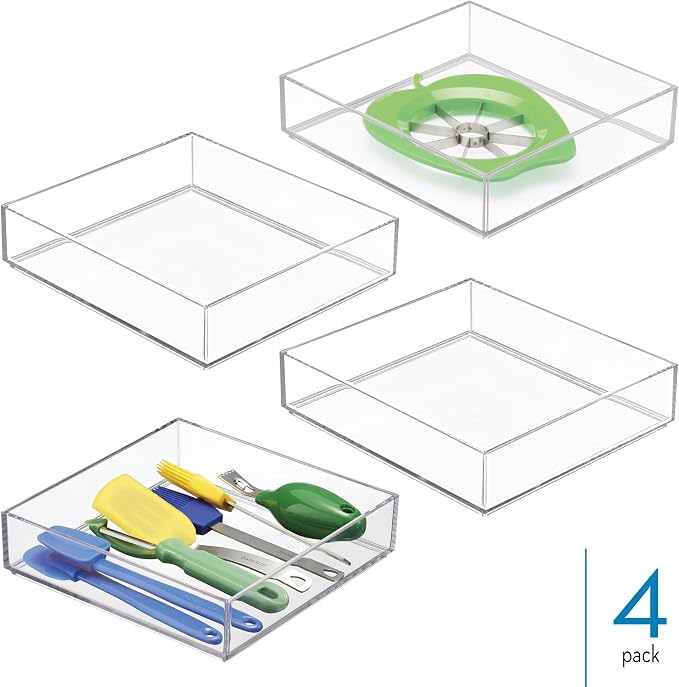 iDesign Stackable Makeup Drawer Organizer Tray, Set of 4, Clear | Vanity Organizer, Desk Organizer