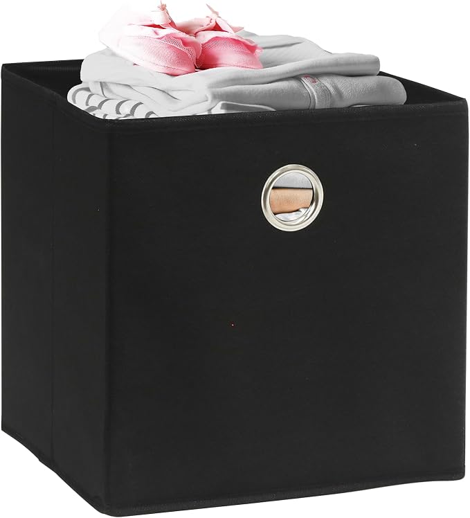 Simple Houseware 11-Inch Collapsible Fabric Cube Storage Bin with Handles, Printed Design, 6 Pack, Black