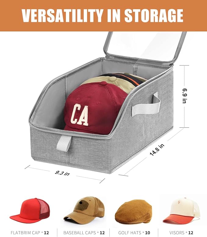 Livelab Hat Organizer for Baseball Caps, Hat Storage Holder Container for Closet Hold Up to 12 Caps with Clear Window, Hat Boxes for Home Storage | 1Pcs Grey