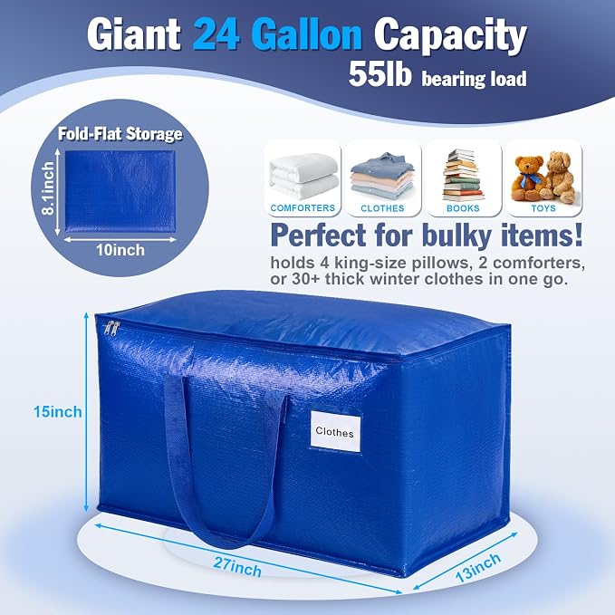 KYODOLED 8 Pack Extra Large Moving Bags with Handles, 24 Gallon Heavy Duty Blue Storage Totes, Waterproof PE Packing Bags for College Move in, Closet Organization & Space Saving, 27x13x15 Inch