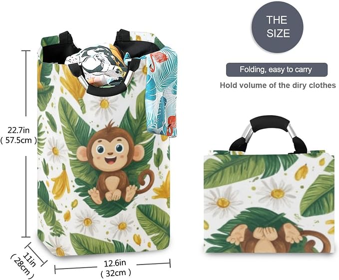 Sunny Monkey with Daisies Large Laundry Hamper Basket, Collapsible Laundry Bag Storage Bins Baskets with Handles for Laundry, Bedroom, Home Decor