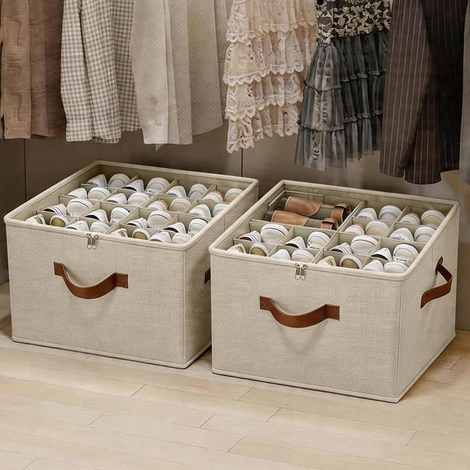 𝐌𝐄𝐂𝐈𝐍𝐅𝐔𝐋 2 Pack Shoe Organizer Box – Large Capacity Shoe Storage Organizer with Transparent Cover & Flexible Dividers, Fits 16-32 Pairs, Fabric Shoe Storage Organizer Box, Entryway, Dorm