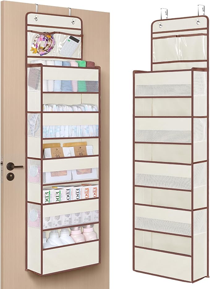 Univivi Over The Door Organizer - Wall Mount Hanging Organizer with 5 Large Compartments, 2 Small PVC Pockets and 8 Mesh Side Pockets for Cosmetics, Toys and Sundries (Beige)