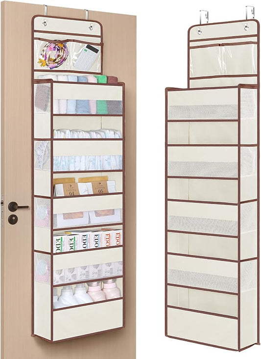 Univivi Over The Door Organizer - Wall Mount Hanging Organizer with 5 Large Compartments, 2 Small PVC Pockets and 8 Mesh Side Pockets for Cosmetics, Toys and Sundries (Beige)