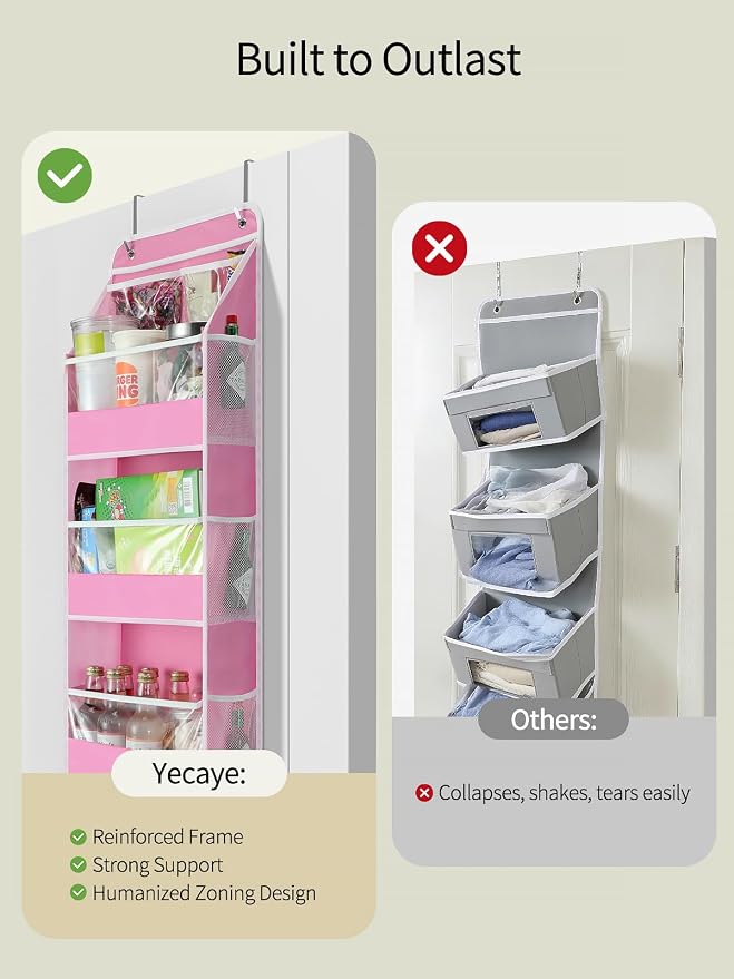 Yecaye 5 Tier Over the Door Organizer, Swing-proof Door Organizer Hanging with Clear PVC Windows, Behind the Door Storage for Bedroom Nursery Closet Laundry Pantry Bathroom, Pink