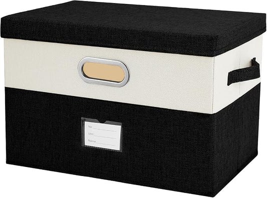 Large Linen Fabric Foldable Storage Bins with Removable Lid and Handles, Washable Storage Box Organizer Containers Baskets Cube with Cover for Bedroom,Office(Black&Cream, Large)