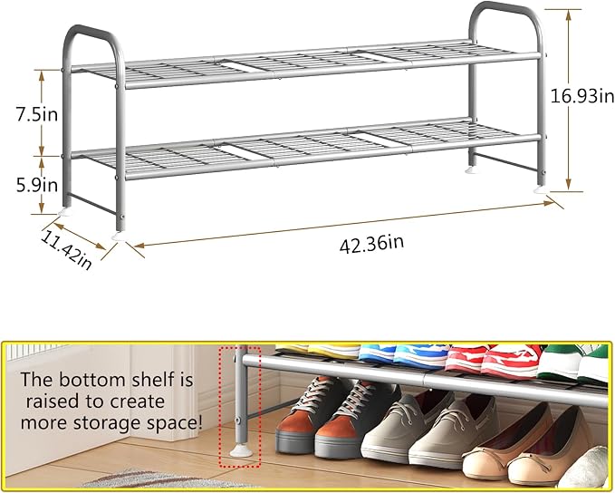 LINZINAR Shoe Rack 2 Tier Storage Organizer for Closet Entryway Metal Grey