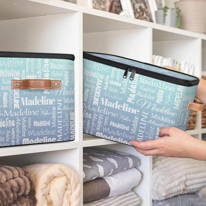 Custom Storage Basket with Name, Personalized Keepsake Box with Zipper Lid, Foldable Fabric Memory Bin Large capacity with Handle Green Blue Gradient