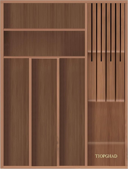 TIOPGHAD Small-Bamboo-Silverware-Drawer-Organizer, Expandable Utensil Kitchen Cutlery Tray Flatware Organization Wood Tableware Dividers Storage (with Removable Knife Block)(Brown)