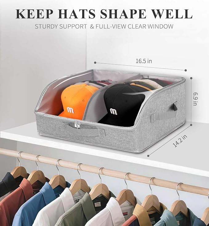 Hat Organizer for Baseball Caps, 2 Compartments Clear Window Hat Storage Box for Closet Hold Up to 24 Caps, Hats Holder Container with Sturdy Cardboard for Home Storage | Gray
