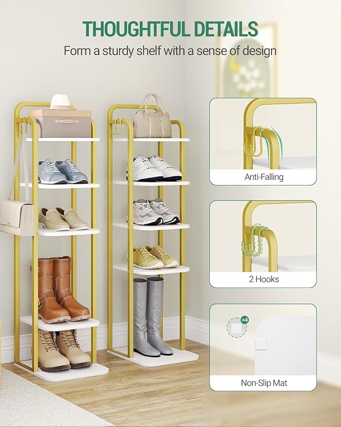 Hzuaneri 6 Tiers Vertical Shoe Rack, Narrow Shoe Tower, Tall Shoes Shelf with 2 Hooks, Adjustable Shelves, Corner Shoes Shelves for Small Spaces, Entryway, Living Room, White Gold SR04213A