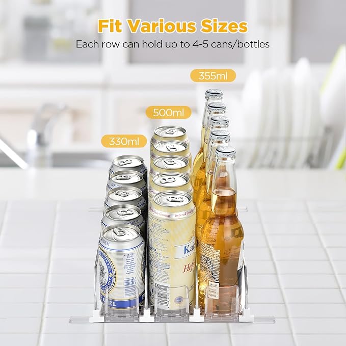 OTraki Fridge Drink Organizer 3 Rows Soda Clear Can Dispenser for Storage | Space-Saving Refrigerator Organizers with Pusher Glide and Adjustable Width, Automatic Can Holder for Hold up to 15 Cans
