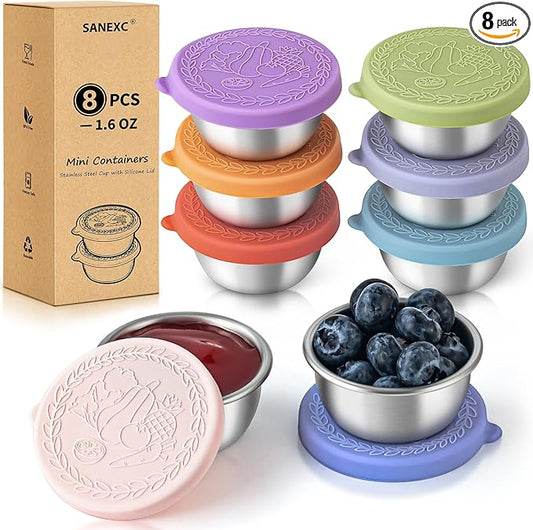 8 Pack - 1.6 Oz Small Salad Dressing Containers To Go, Sauce Cups with Lids | Food-grade stainless steel, leakproof reusable, BPA-free silicone, for lunch boxes, Kitchen storage, Picnic & meal prep