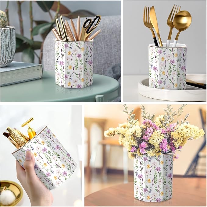 Ceramic Floral Pencil Pen Holder, Cute Stationery Holder for Office, Makeup Brush Holder for Girl Women, Pretty Flower