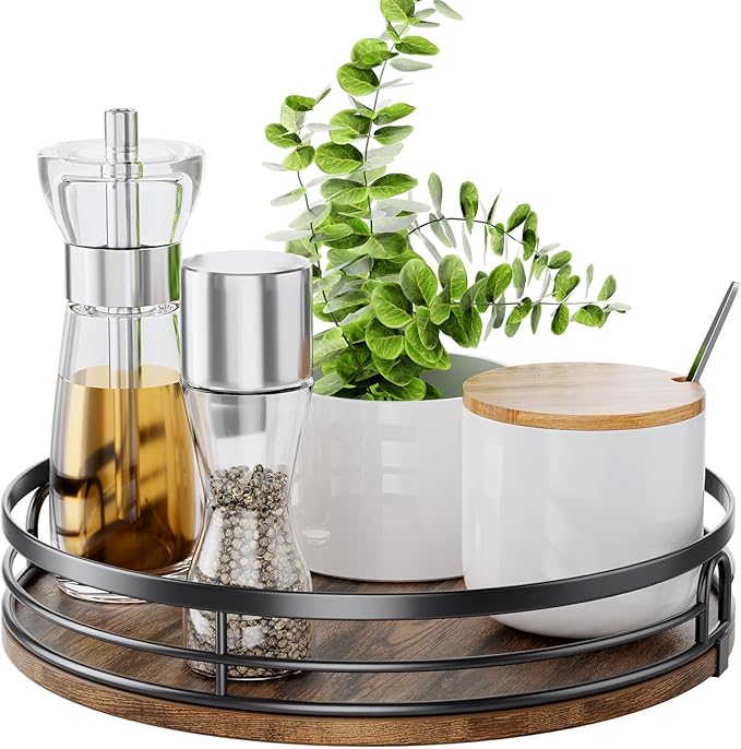 LAMU 9'' Lazy Susan Turntable Organizer for Cabinet, Round Wood Lazy Susan for Table Top, Kitchen, Countertop, Pantry, Spice, Bathroom Vanity, Coffee, Farmhouse Decor