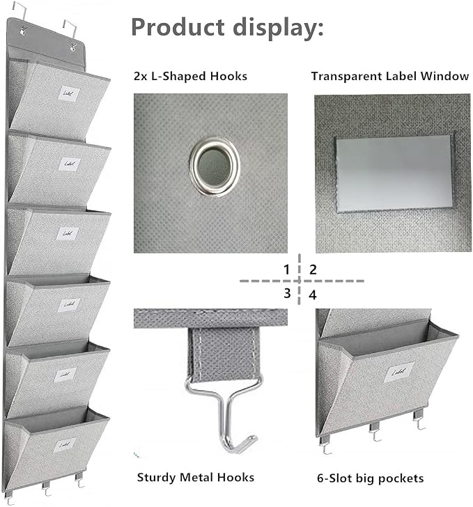 Over The Door File Organizer - 6 Extra Large Pockets Hanging Wall Mounted Storage Files Holder Pocket Chart for Magazine, Notebooks, Planners, Mails etc. Office Home Supplies