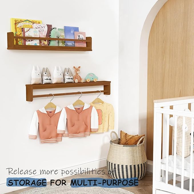 Harwaya Dark Wood Wall Bookshelf for Kids Bedroom, 36 Inch Floating Nursery Bookshelf for Baby Girl Boy Room, Wooden Hanging Toddler Book Shelves for Wall (36 inch, Walnut Brown, 3-Pack)